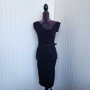 Va Va Voom Black Sleeveless Dress Stretch V-neck Zip Back Belted Sz S